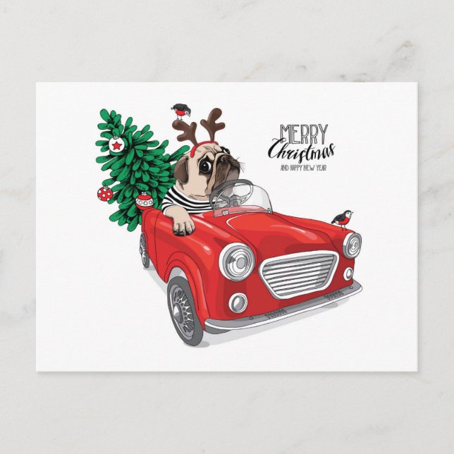 Frohe Weihnachten | Pug fährt Oldtimer Postkarte (Vorderseite)