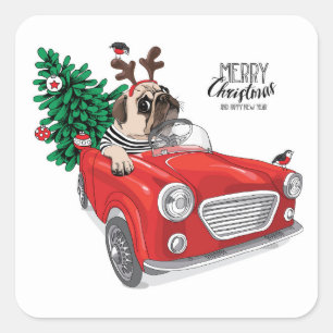 Frohe Weihnachten Pug fährt Oldtimer Quadratischer Aufkleber