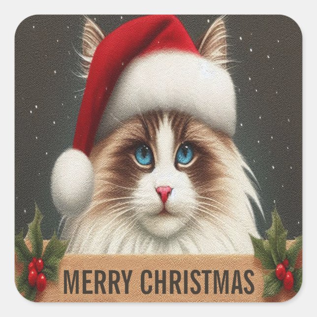 Frohe Weihnachten Ragdoll Cat, Xmas Santa Ragdoll Quadratischer Aufkleber (Vorderseite)