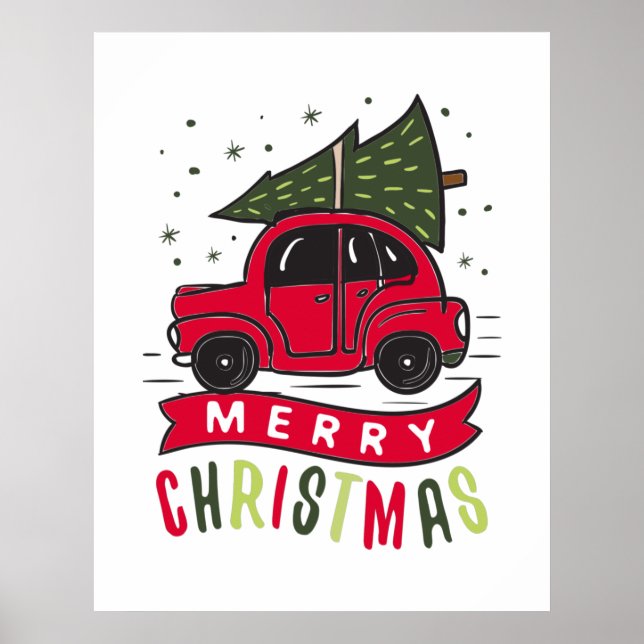 Frohe Weihnachten Red Car Tree Ferien Weihnachten  Poster (Vorne)