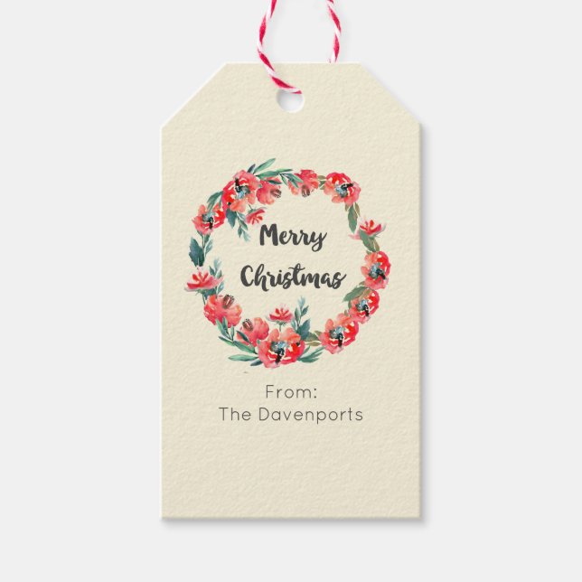 Frohe Weihnachten Red Floral Holiday Wreath Custom Geschenkanhänger (Vorderseite)