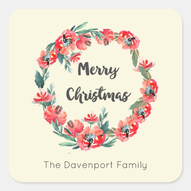 Frohe Weihnachten Red Floral Holiday Wreath Custom Quadratischer Aufkleber (Vorderseite)