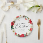 Frohe Weihnachten Red Floral Personalisiert Pappteller<br><div class="desc">Farbenfrohe Wasserfarbe Frohe Weihnachten Personalisierte Teller aus Papier mit farbigen roten Blume und Kiefernzapfen entworfen. Die meisten Buchstaben können bearbeitet werden - klicken Sie auf die Schaltfläche "Personalisieren",  um sie zu bearbeiten. Passende Artikel in unserem Shop Cava Party Design</div>