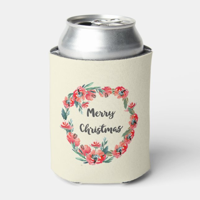 Frohe Weihnachten Red Floral Watercolor Wreath Dosenkühler (Kanne Vorderseite)