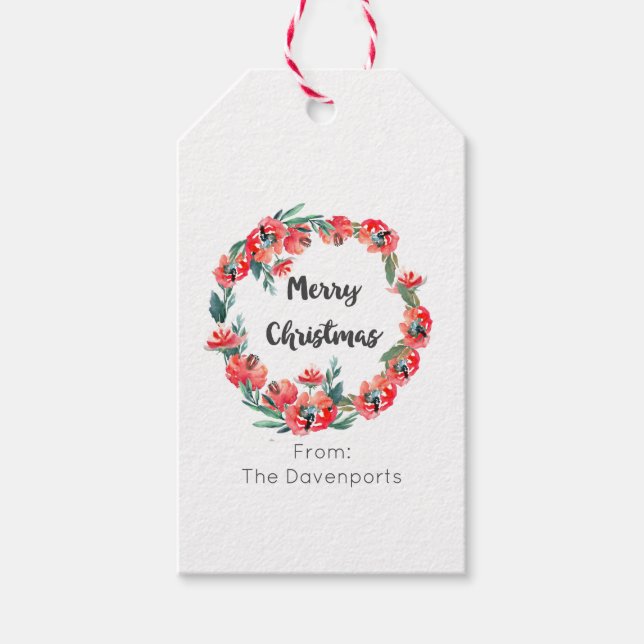 Frohe Weihnachten Red Floral Watercolor Wreath Geschenkanhänger (Vorderseite)