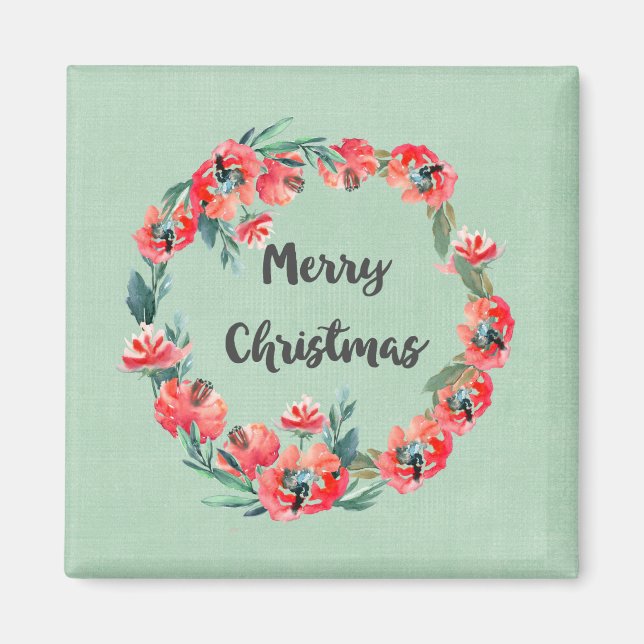 Frohe Weihnachten Red Floral Watercolor Wreath Magnet (Vorne)