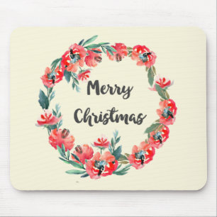 Frohe Weihnachten Red Floral Watercolor Wreath Mousepad
