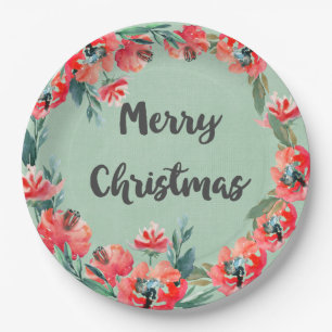 Frohe Weihnachten Red Floral Watercolor Wreath Pappteller