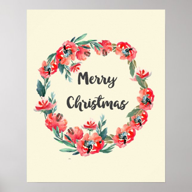 Frohe Weihnachten Red Floral Watercolor Wreath Poster (Vorne)