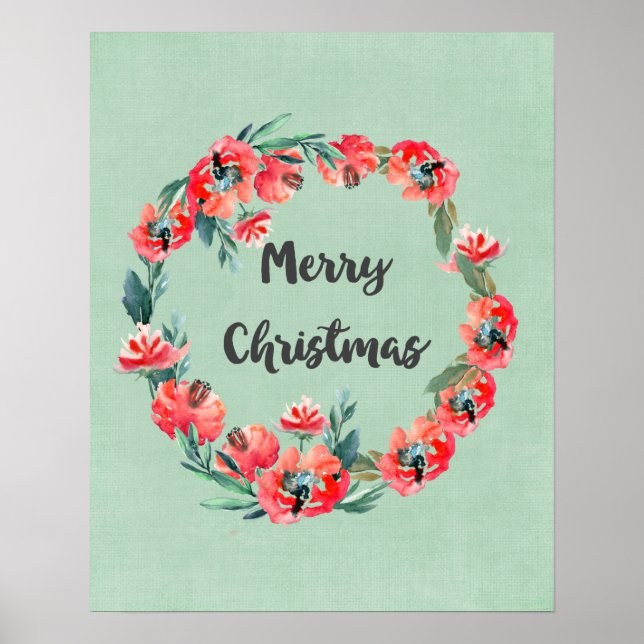 Frohe Weihnachten Red Floral Watercolor Wreath Poster (Vorne)
