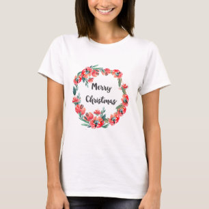 Frohe Weihnachten Red Floral Watercolor Wreath T-Shirt