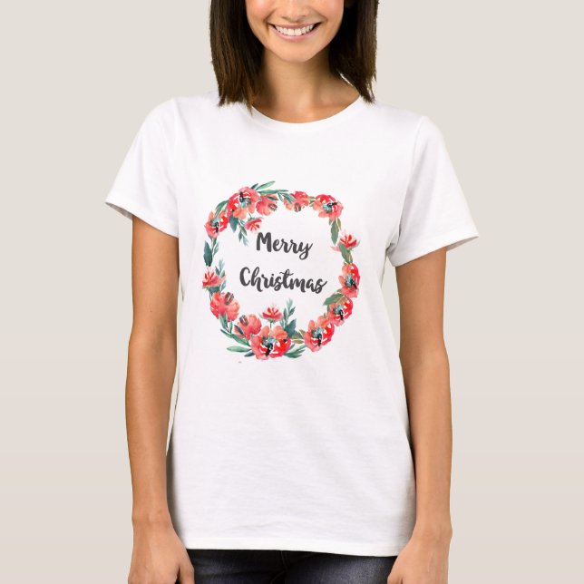 Frohe Weihnachten Red Floral Watercolor Wreath T-Shirt (Vorderseite)