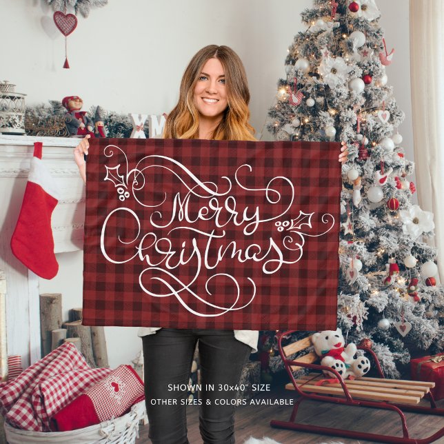 Frohe Weihnachten Red Gingham Script Typografie Fleecedecke (Von Creator hochgeladen)