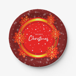 Frohe Weihnachten Red Gold Snowflakes 7" Pappteller