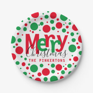 Frohe Weihnachten Red Green Dots Typografy Monogra Pappteller