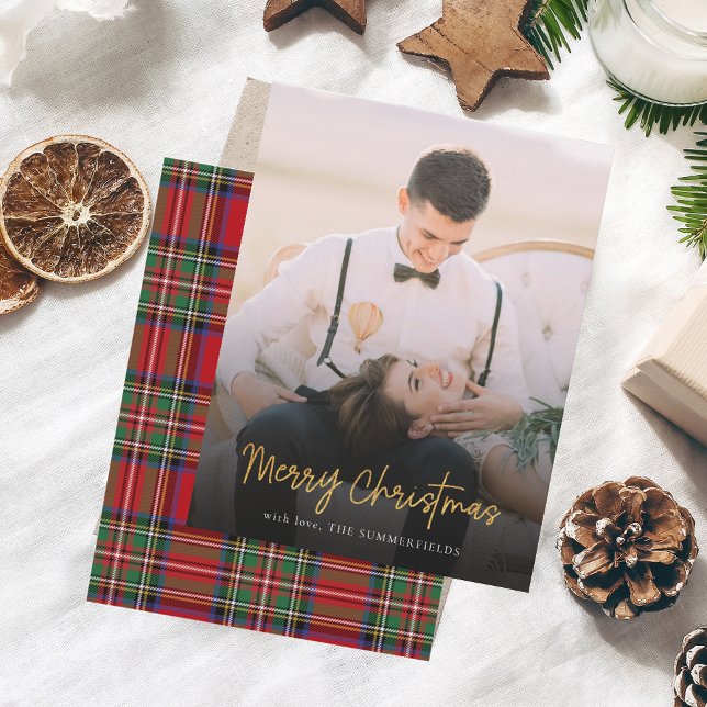 Frohe Weihnachten Red Green Stewart Tartan Foto Mitteilungskarte (Rustic Christmas Photo Tartan Greetings Card)