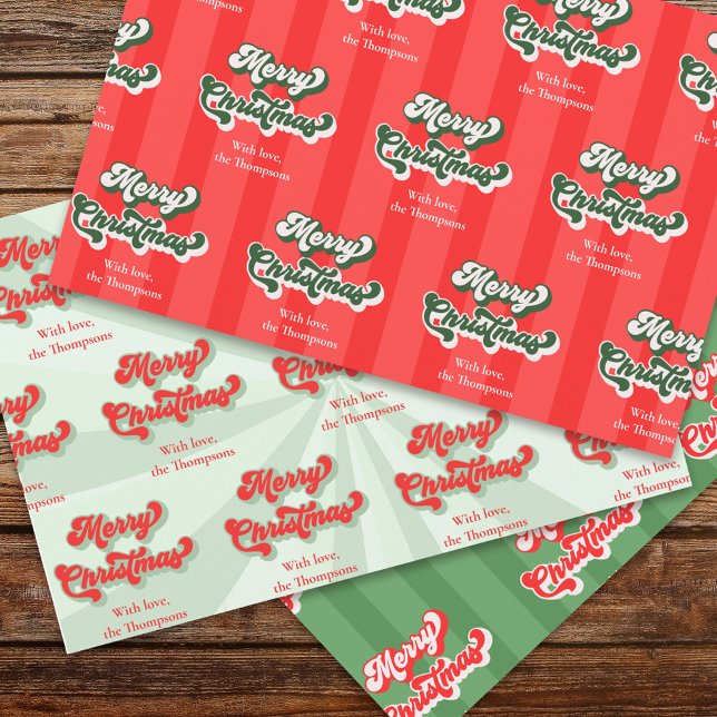 Frohe Weihnachten Red Green Whimsical Retro Custom Geschenkpapier Set (Merry Christmas retro style typography Wrapping paper set)