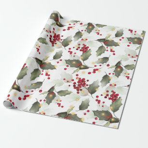 Frohe Weihnachten Red Holly Berries Gold Lights Geschenkpapier