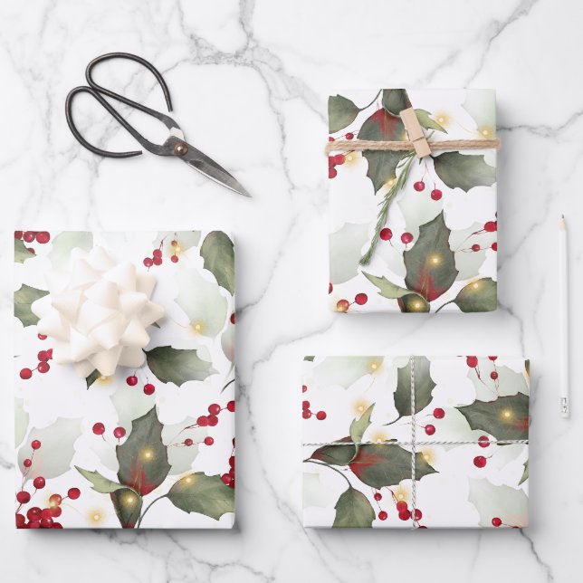 Frohe Weihnachten Red Holly Berries Gold Lights Geschenkpapier Set (Vorderseite)