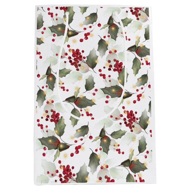 Frohe Weihnachten Red Holly Berries Gold Lights Mittlere Geschenktüte (Vorderseite)