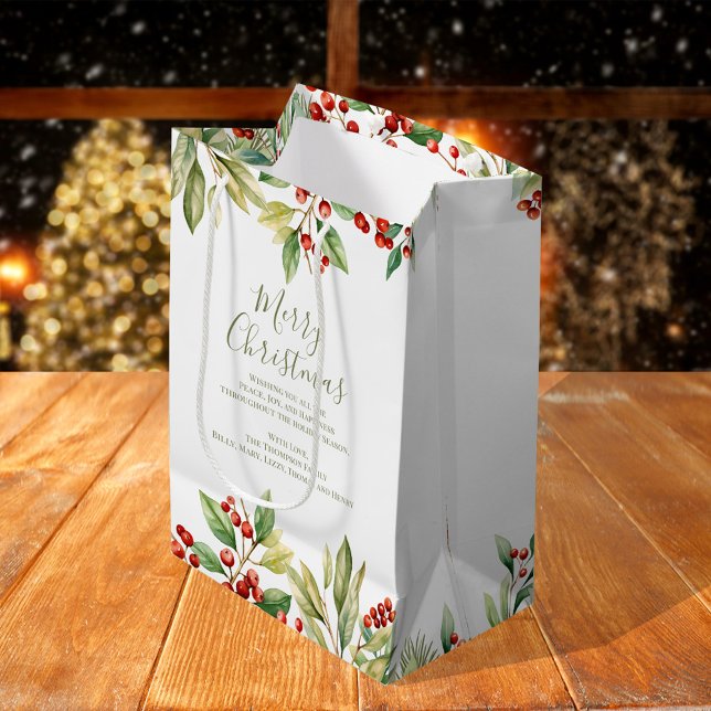 Frohe Weihnachten Red Holly Greenery Custom Mittlere Geschenktüte (Merry Christmas holiday custom gift bag Medium)
