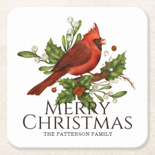 Frohe Weihnachten Red Kardinal Holly Personalisier Rechteckiger Pappuntersetzer