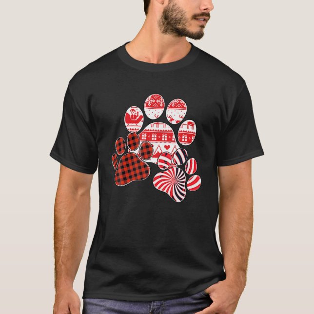 Frohe Weihnachten Red Kariert Candy Cane Dog Paw P T-Shirt (Vorderseite)
