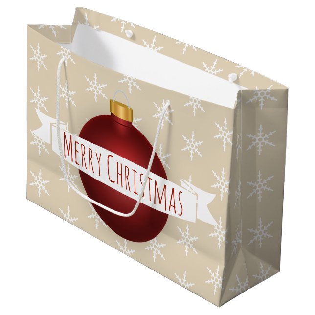 Frohe Weihnachten Red Ornament Ribbon & Snowflakes Große Geschenktüte (Vorderseite Schrägansicht)