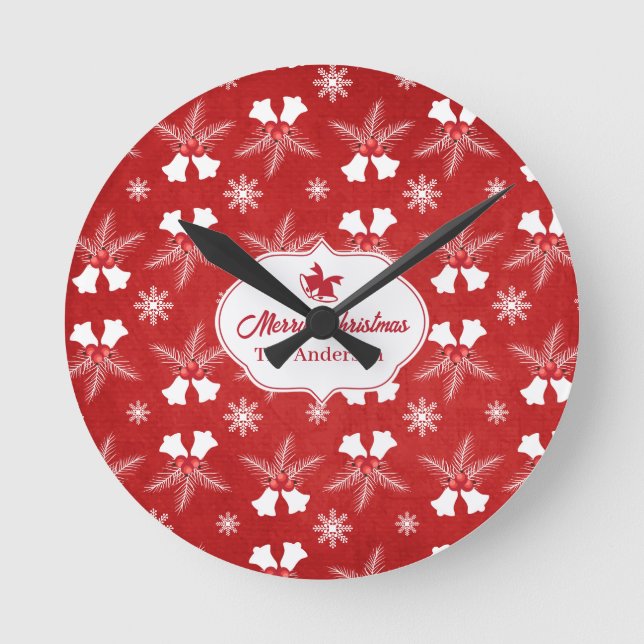 Frohe Weihnachten Red Pattern Weihnachtsglocke Runde Wanduhr (Vorderseite)