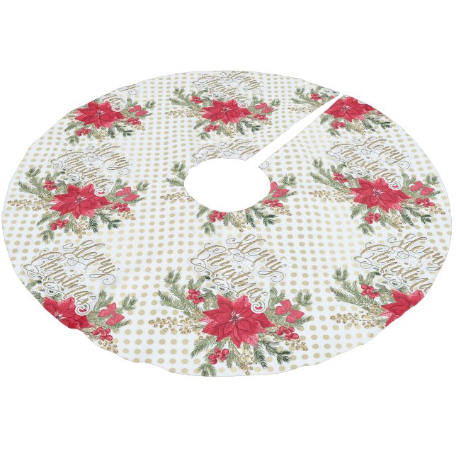 Frohe Weihnachten Red Poinsettia Polyester Weihnachtsbaumdecke (Schrägansicht)