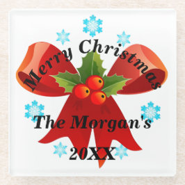 Frohe Weihnachten Red Ribbon Holly Berry Glasuntersetzer