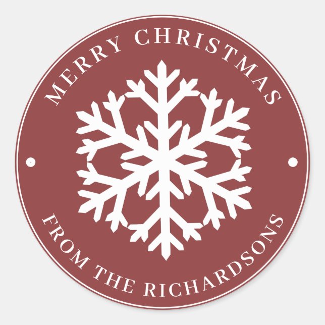 Frohe Weihnachten Red Round White Snowflake Runder Aufkleber (Vorderseite)