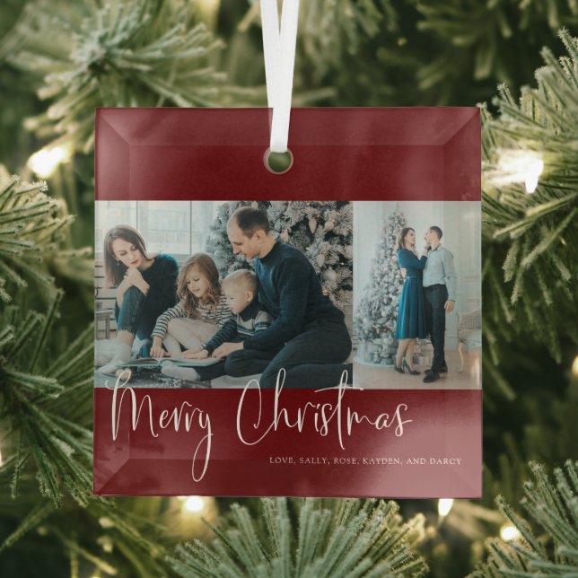 Frohe Weihnachten Red Script 2 Foto Collage Urlaub Ornament Aus Glas (Insitu)