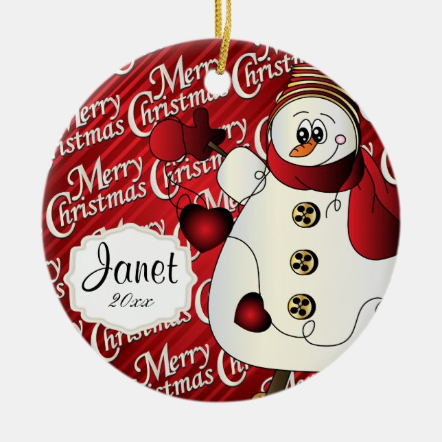 Frohe Weihnachten Red Snowman Keramik Ornament (Vorne)