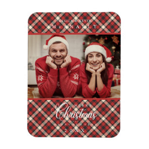 Frohe Weihnachten Red Tartan Kariertes Foto Magnet