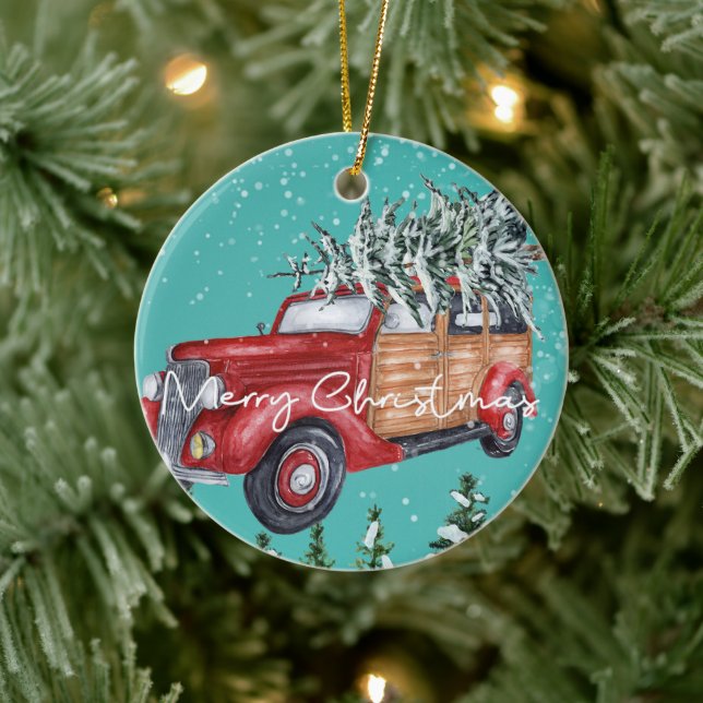 Frohe Weihnachten Red Truck Winter Schneefall Keramik Ornament (Baum)