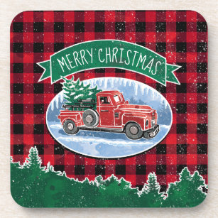 Frohe Weihnachten Red Vintag Truck Buffalo Kariert Untersetzer