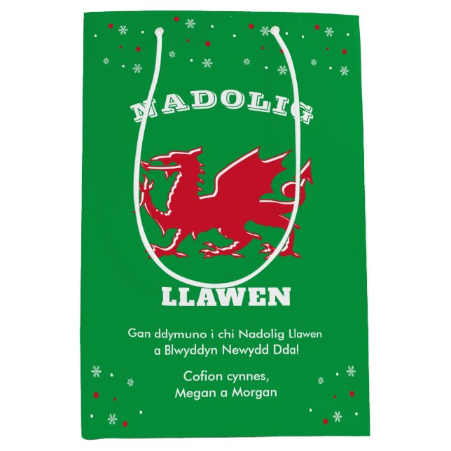 Frohe Weihnachten Red Welsh Dragon Nadolig Llawen Mittlere Geschenktüte (Vorderseite)