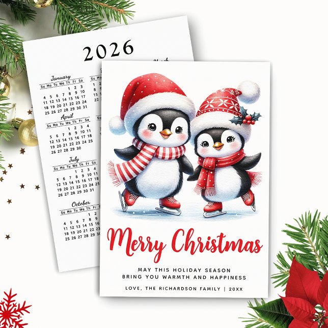 Frohe Weihnachten Red White Fun Ice Skaten Pinguin (Red and White Merry Christmas Card with Funny Ice Skating Penguins and 2026 Calendar)