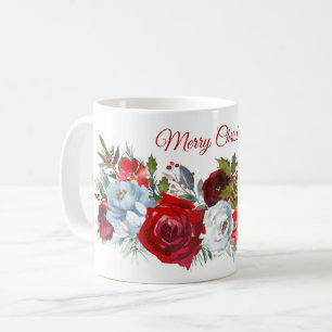 Frohe Weihnachten Red White Roses Holly Pine Cones Kaffeetasse