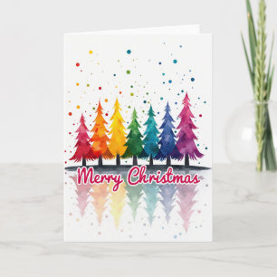 Frohe Weihnachten Regenbogen-Bäume Aquarell Karte