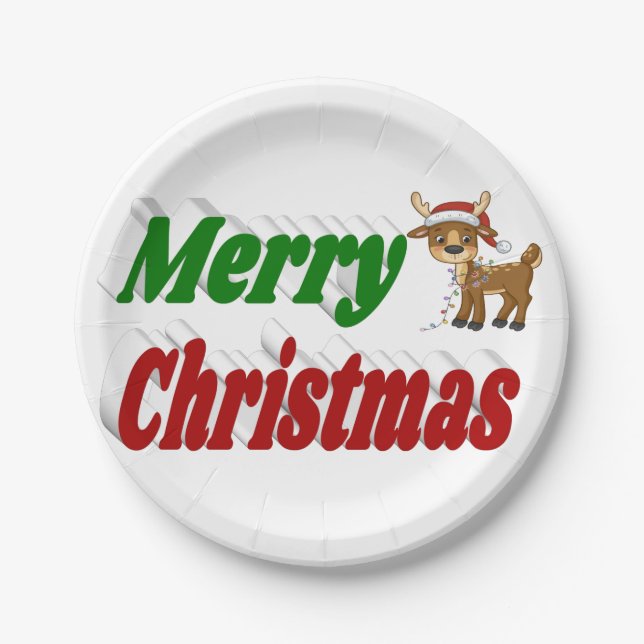 Frohe Weihnachten Reindeer rot grüne Typografie Pappteller (Vorderseite)