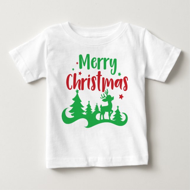 Frohe Weihnachten, Rentier, Weihnachtsbaum, Sterne Baby T-shirt (Vorderseite)