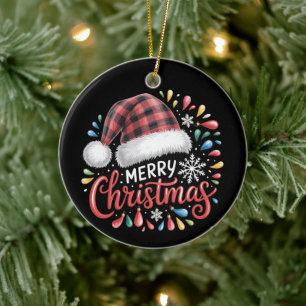 Frohe Weihnachten Rentiere Xmas Familie Rot Karier Keramik Ornament