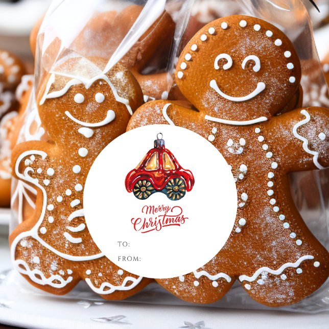 Frohe Weihnachten Retro Auto Ornament Name Runder Aufkleber (Von Creator hochgeladen)