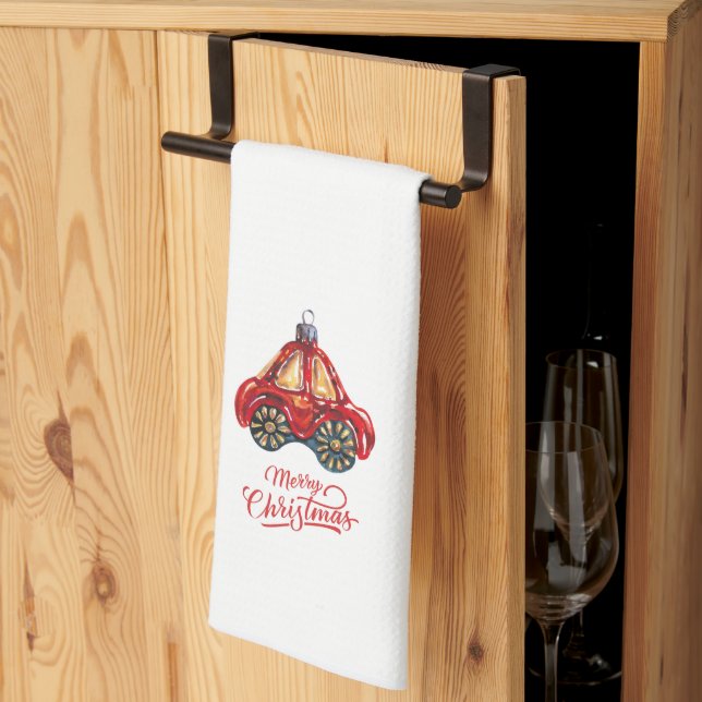 Frohe Weihnachten Retro Car Ornament Geschirrtuch (Drittel gefaltet)