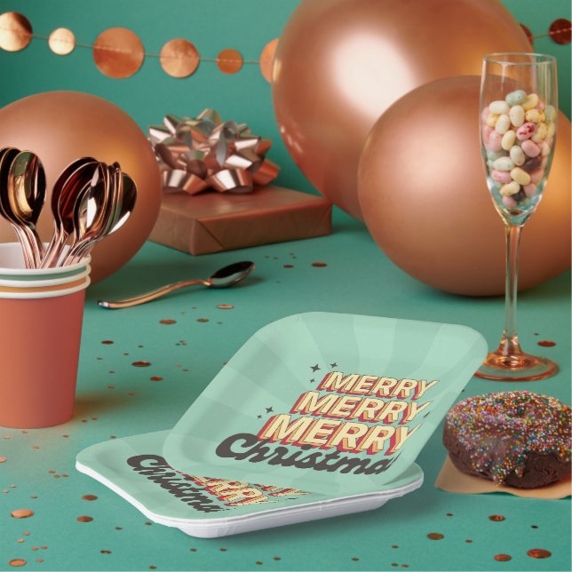 Frohe Weihnachten retro groovy 3D-Design-Text Pappteller (Multi)