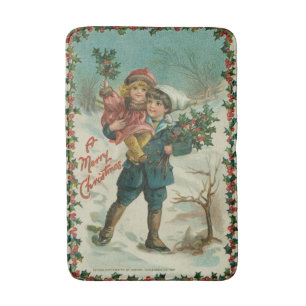 Frohe Weihnachten - Retro-Postkarte, Kinder, Stech Badematte