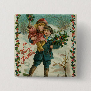 Frohe Weihnachten - Retro-Postkarte, Kinder, Stech Button