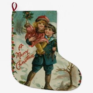 Frohe Weihnachten - Retro-Postkarte, Kinder, Stech Großer Weihnachtsstrumpf